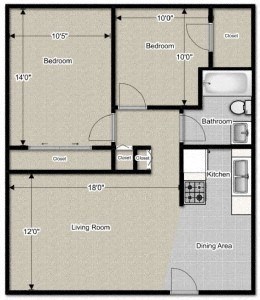 2 Bedroom 1 Bath Deluxe 700 Sq. Ft Floor Plan at Jordan Court Apartments, Integrity Realty, Kent, 44240